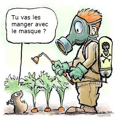 Illustration montrant un homme en train de vaporiser du pesticides sur des carottes avec un masque de protection, et une taupe lui disant "tu vas les manger avec le masque ?"