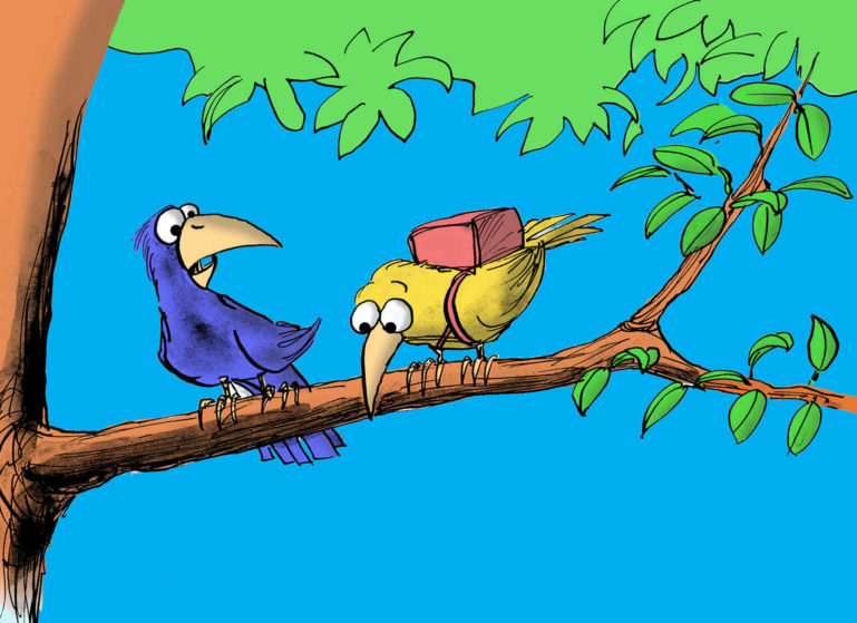 Dessin de 2 oiseaux sur une branche, l'un hésitant à s'envoler